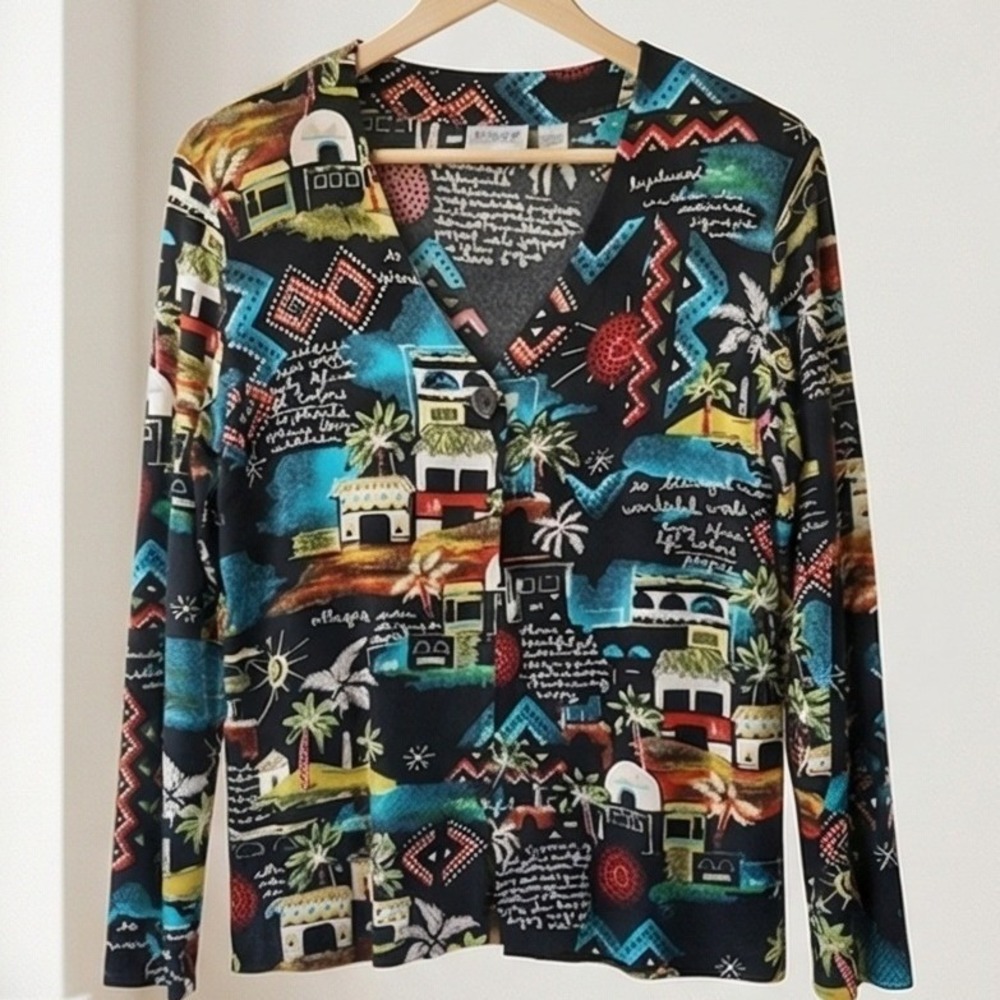 Chico's Travelers 1 Africa Print V-Neck Liquid Top Black Multi Color Medium